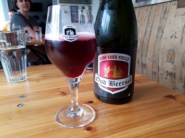 Oud Beersel Kriek Lambic Glass and Bottle